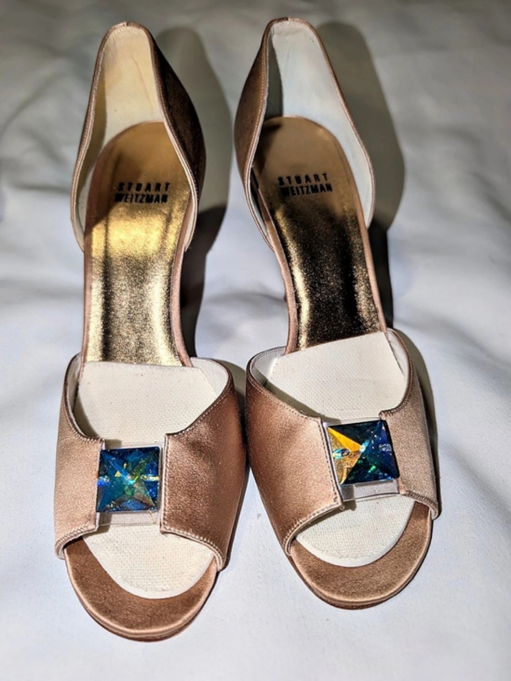 Stuart Weitzman Jeweled Peep Toe Heels in Brown US 7